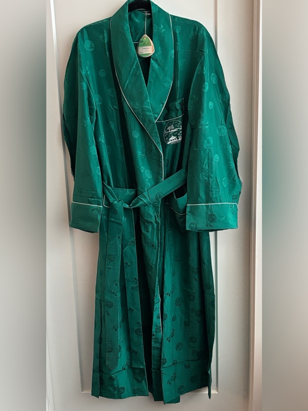 HEALTH Sz L 100% Silk Emerald Green Fabric Jacquard Motif Patch Pockets NEW